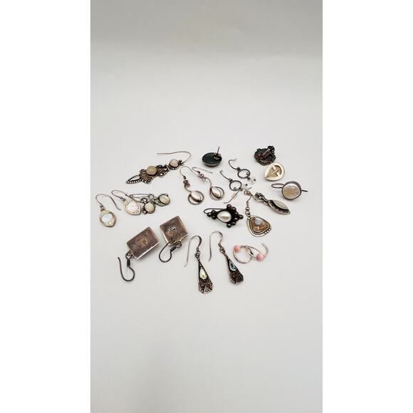 Lot Of Sterling Silver 925 Earrings Single/Pairs Moonstone Abalone SCRAP CRAFT - Picture 7 of 7